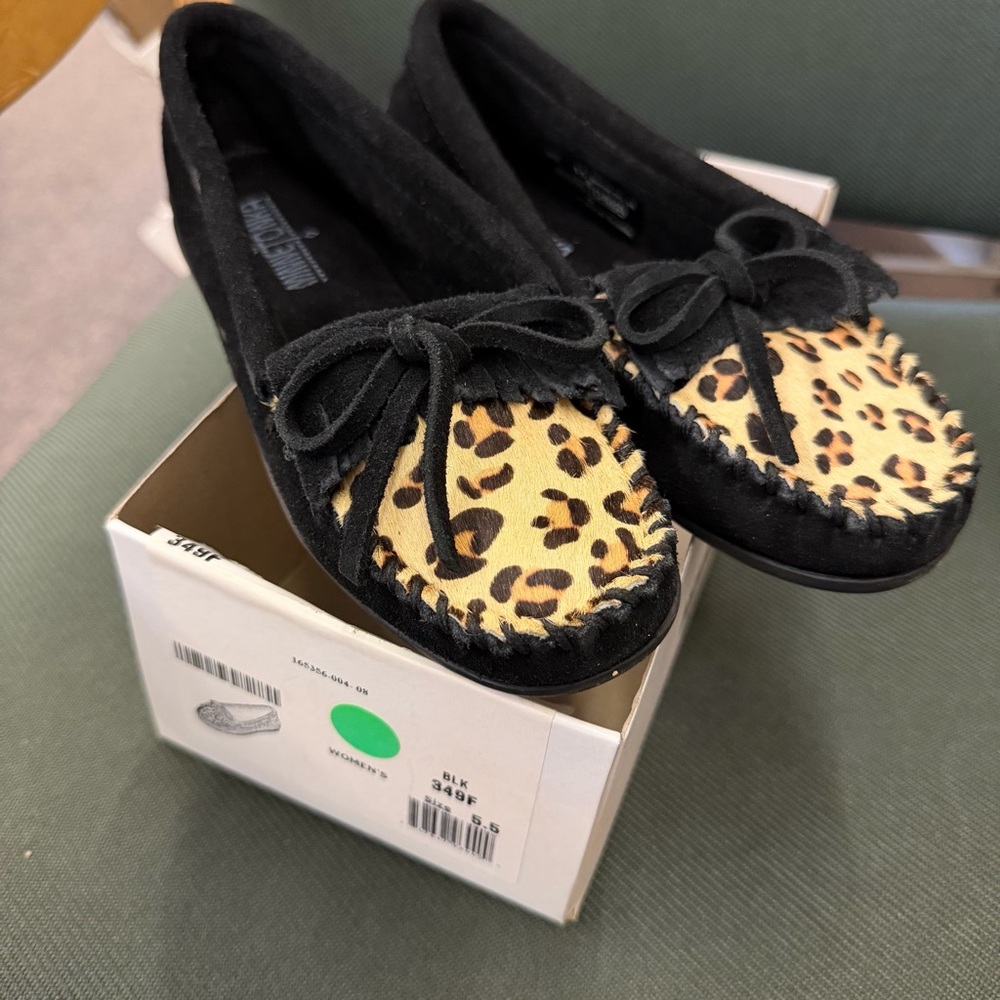 Minnetonka Black and Leopard Moccasins